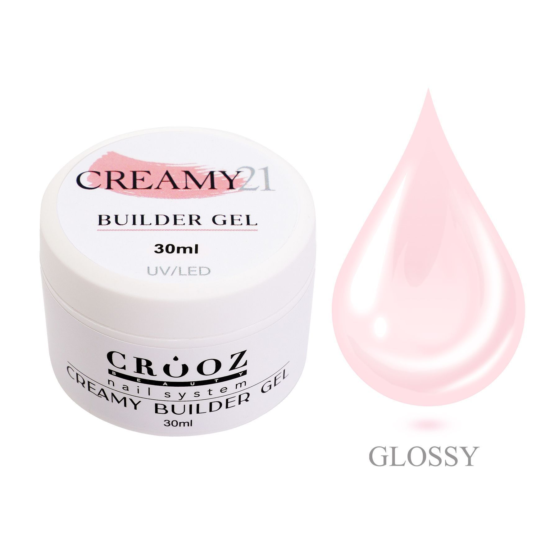 Crooz Creamy Builder Gel №21 — pastelroosa geel küünte pikendamiseks ja tugevdamiseks 30 ml
