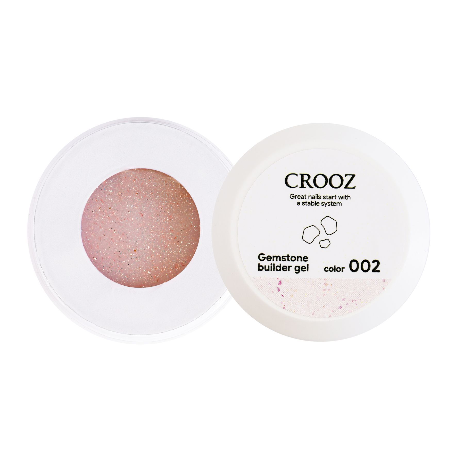 Crooz küünte pikendusgeel Gemstone Builder Gel №02 Vaevumärgatav roosa toon, lähemal piimvalgele, õrnroosade sädemete ja fooliumikübemetega 15 ml