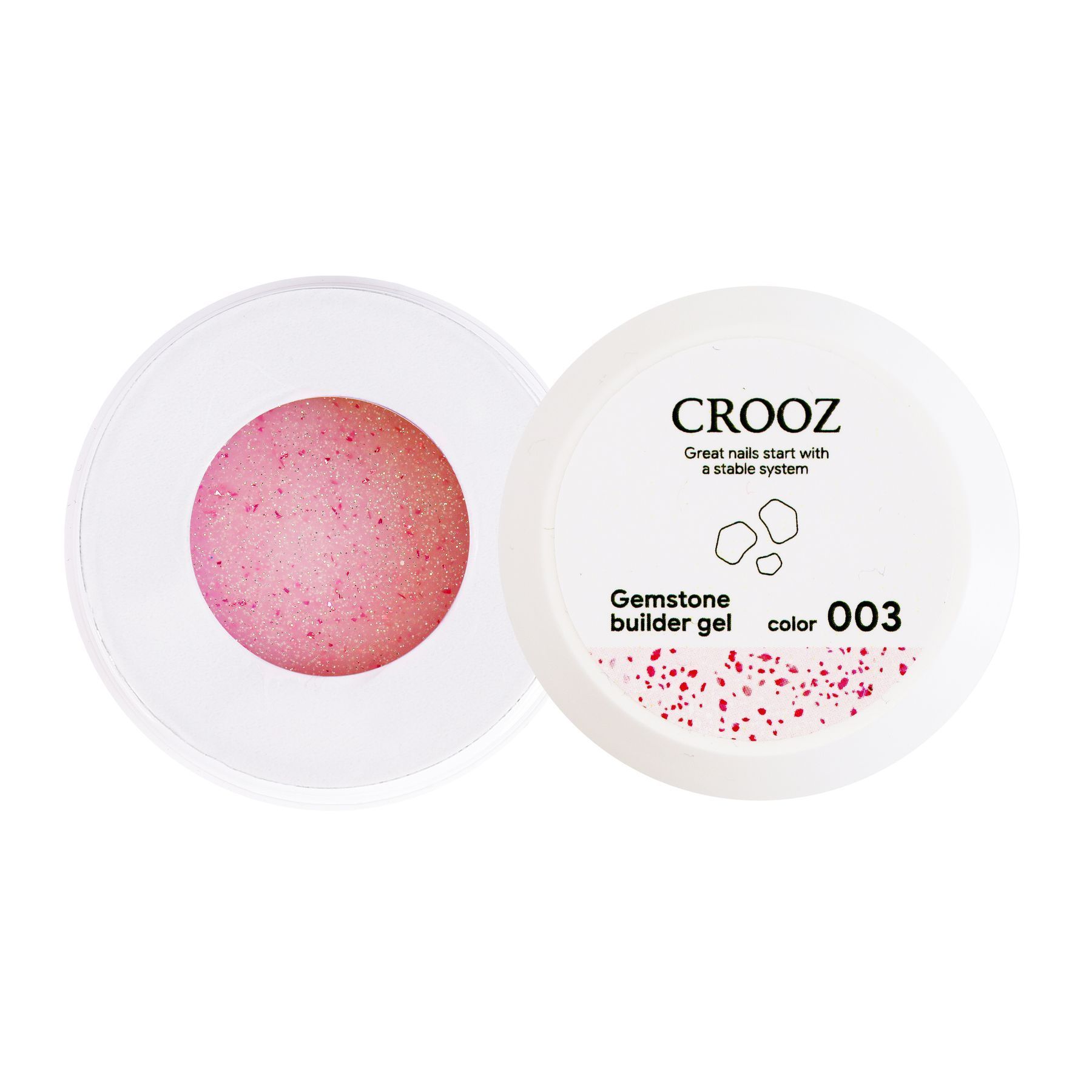 Crooz küünte pikendusgeel Gemstone Builder Gel №03 Heleroosa toon, lähemal roosa-piimvalgele, sädelusega ja roosa fooliumikübemetega 15 ml