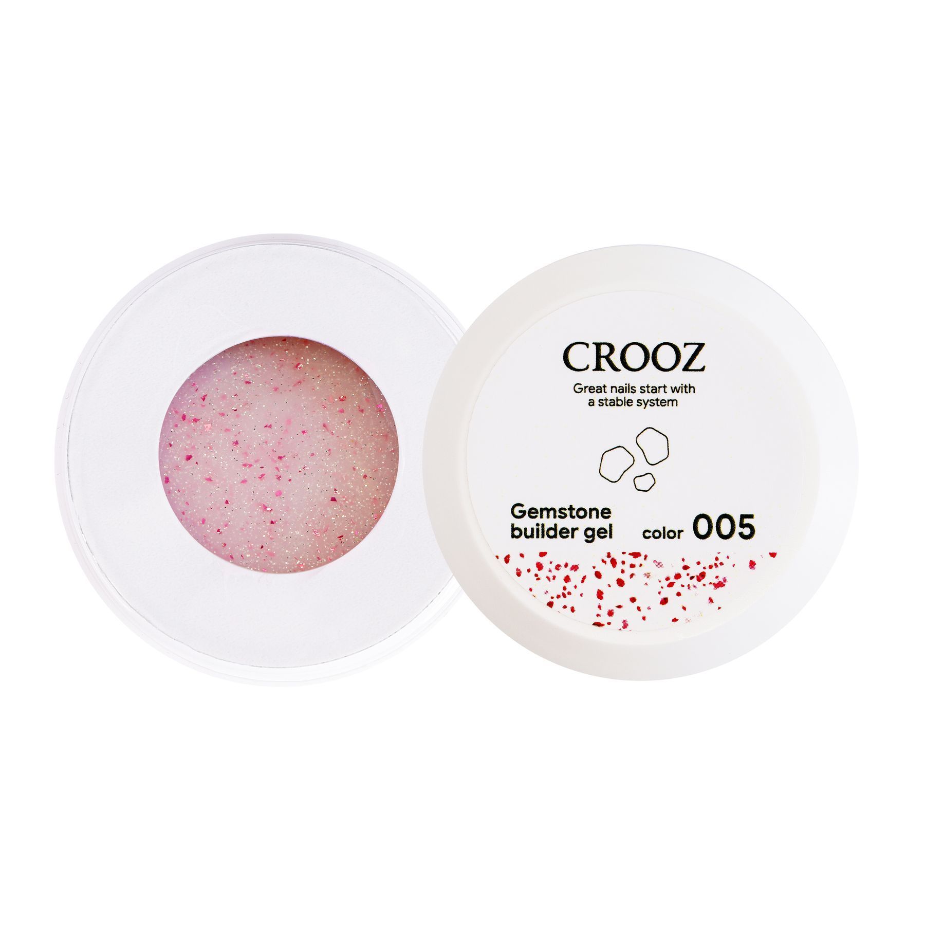 Crooz küünte pikendusgeel Gemstone Builder Gel №05 Piimvalge toon säraga ja erksaroosade fooliumikübemetega 15 ml