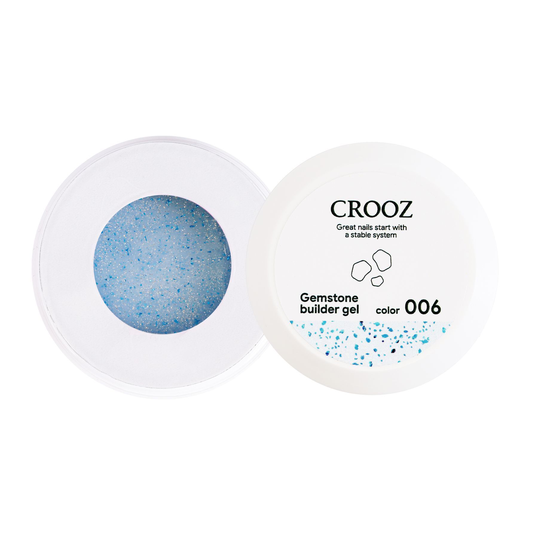 Crooz küünte pikendusgeel Gemstone Builder Gel №06 Piimjas sinine toon säraga ja siniste dekoratiivsete lisanditega — fooliumikübemetega 15 ml