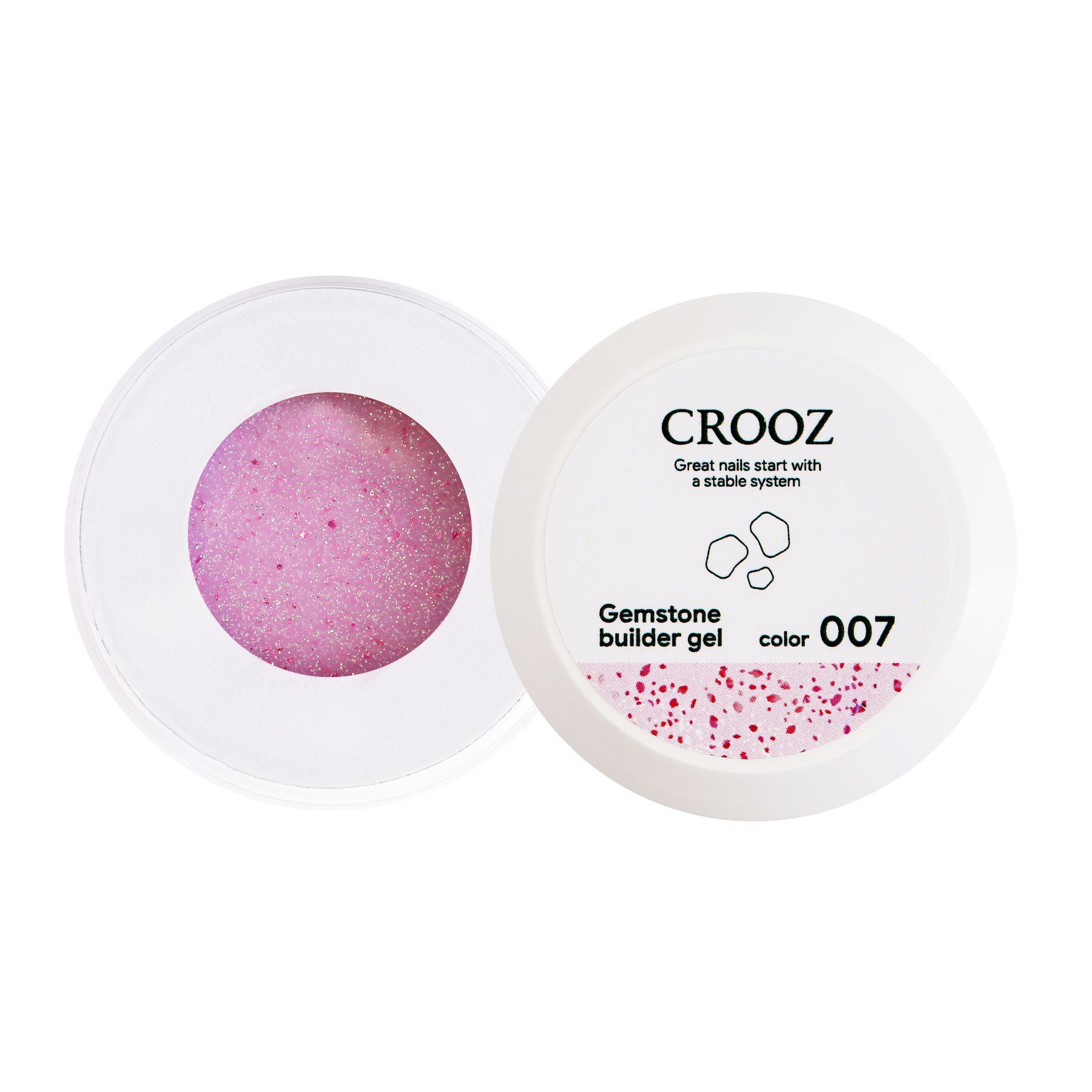 Crooz küünte pikendusgeel Gemstone Builder Gel №07 Roosa-piimjas poolläbipaistev toon, säraga ja erksaroosade fooliumikübemetega 15 ml