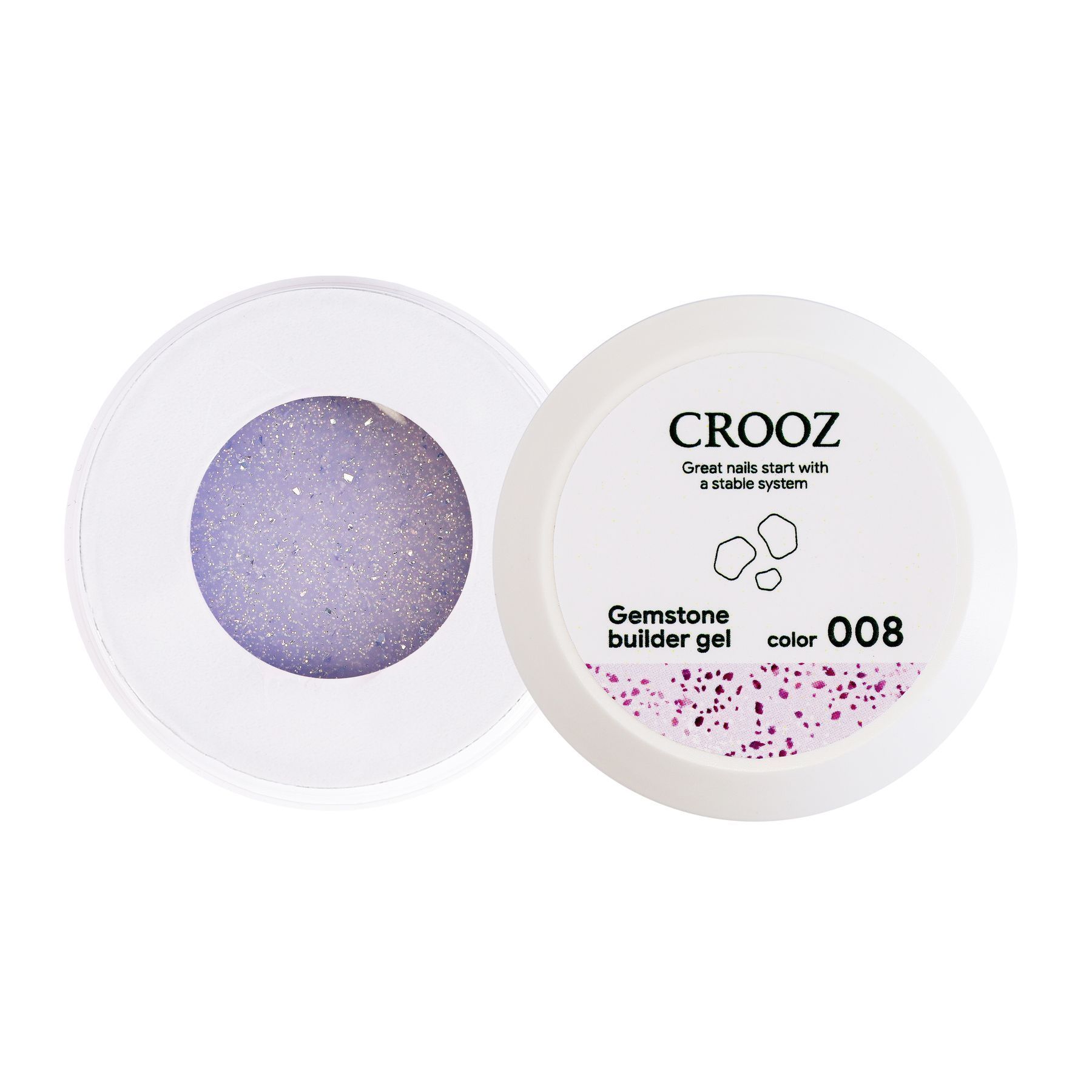 Crooz küünte pikendusgeel Gemstone Builder Gel №08 Helelilla toon säraga ja lillade fooliumikübemete lisanditega 15 ml