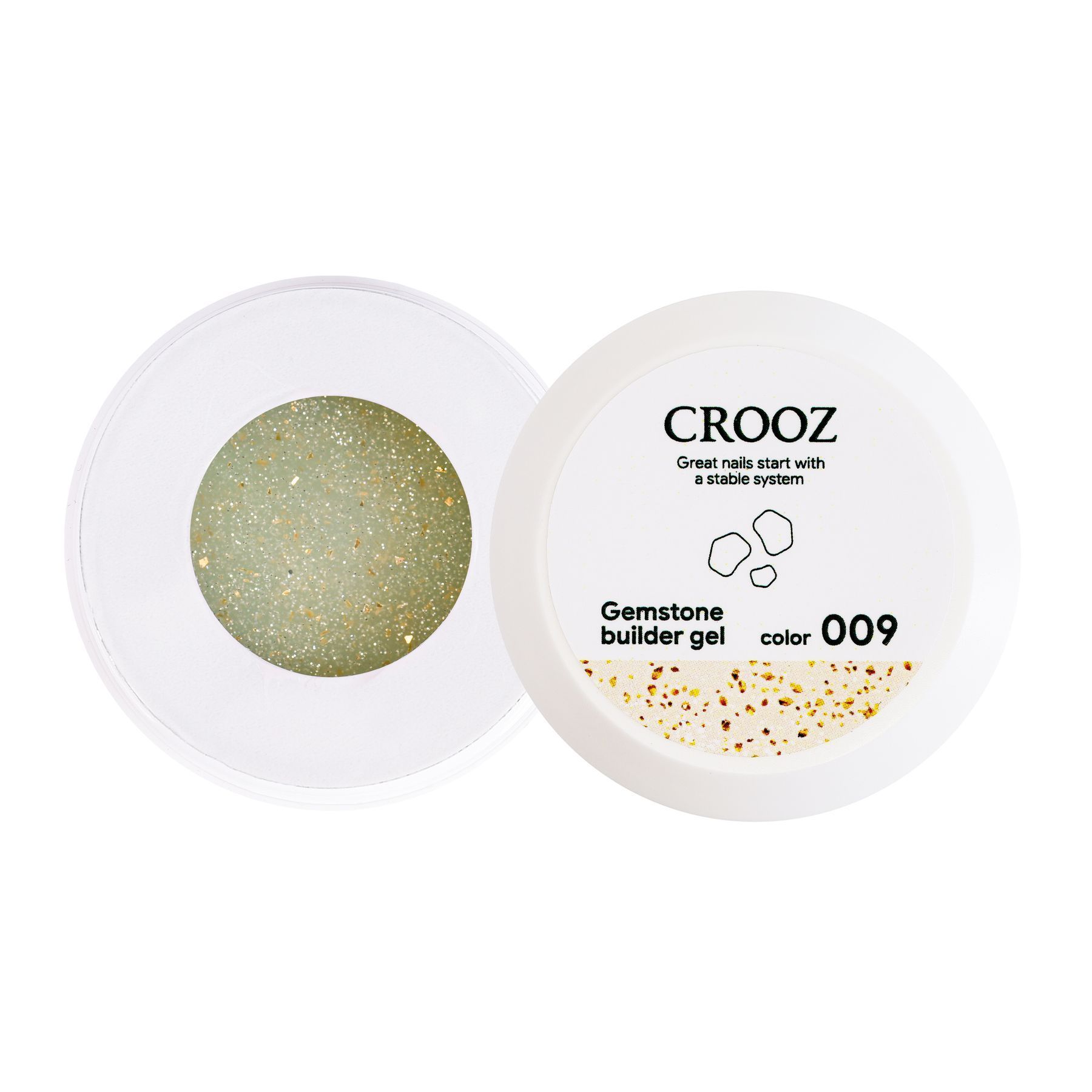 Crooz küünte pikendusgeel Gemstone Builder Gel №09 Hele kollakas-piimjas toon, õrna pistaatsiatooniga, sära ja kuldsete fooliumikübemetega 15 ml