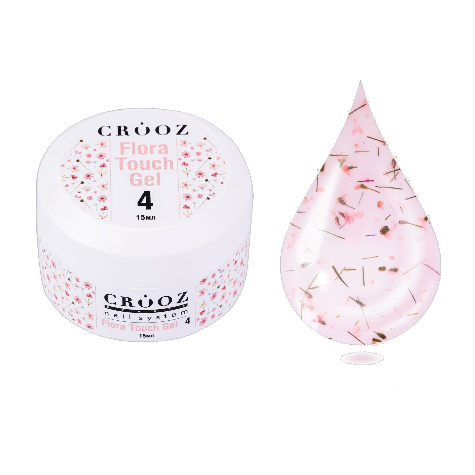 Crooz Flora Touch Gel №04 — virsiku geel roosade kuivatatud lilledega oorna maniküüri jaoks